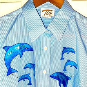 Vintage Dolphin Blue and White Striped Button Down Shirt, Women’s Size L, VTG